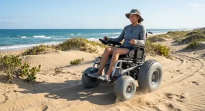 A motorized all-terrain wheelchair effortlessly driving across soft sand dunes near the sea.