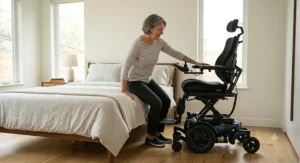 Illustration of a person transferring smoothly from a bed to an elevated power wheelchair.