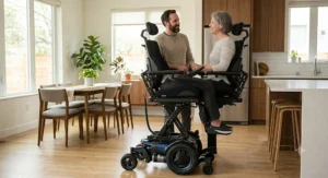 Illustration showing a power wheelchair user elevated to eye level while engaging in conversation.