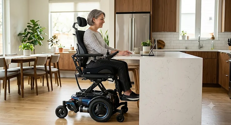 Illustration of a modern power wheelchair with seat elevation technology raised to full height.
