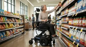 Illustration of an individual using a seat elevation power wheelchair to reach top store shelves.