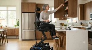 Illustration of a user in a seat elevation power wheelchair reaching high kitchen cabinets independently.