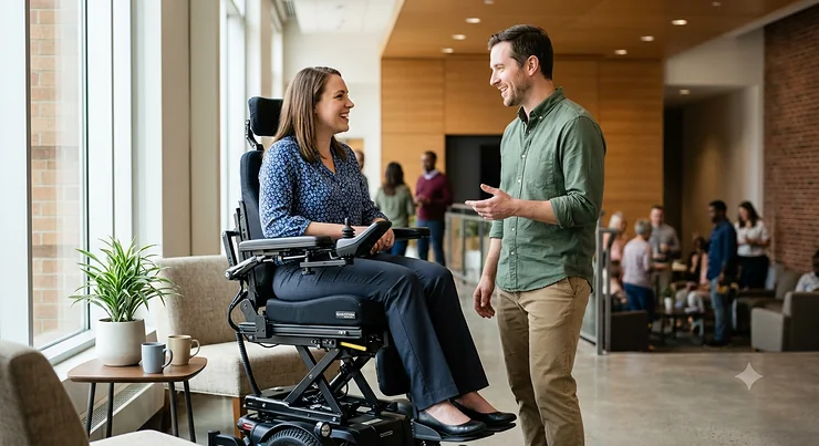A power wheelchair user utilizing seat elevation for eye-level social interaction during a conversation.