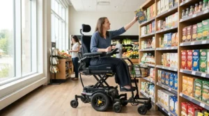 A wheelchair user enjoying dinner at a high bar counter using power seat elevation.