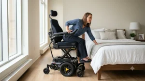 A power wheelchair with adjusted seat height facilitating a safe and level transfer to a bed.