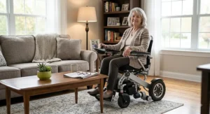 Illustration of a senior sitting comfortably in a compact power wheelchair near a living room coffee table.