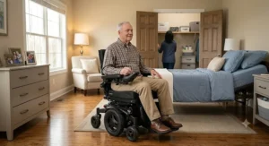 Senior maneuvered in a comfortable indoor power wheelchair inside an accessible bedroom