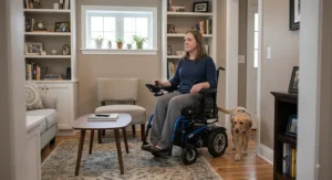 A user in a power wheelchair smoothly maneuvering around furniture in a small apartment living room.