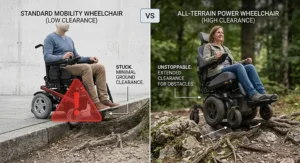 Comparison graphic showing obstacle navigation for a standard mobility wheelchair versus a high ground clearance power wheelchair.