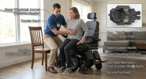 Illustration showing a caregiver assisting with a safe lateral transfer into a tilt and recline power wheelchair.