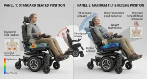 Illustration demonstrating weight redistribution and pressure relief in a tilt and recline power wheelchair.