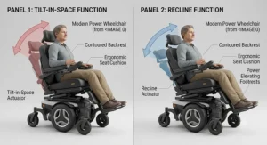 Diagram comparing tilt-in-space and recline functions on a modern power wheelchair.