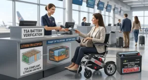 Airline passenger checking in a travel-friendly electric wheelchair with TSA compliant lithium power wheelchair batteries.