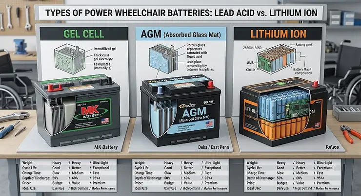 Comparison diagram showing gel cell, AGM, and lithium ion power wheelchair batteries for modern electric wheelchairs.