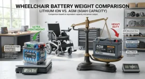 Graphic showing weight difference between lightweight lithium ion and heavy AGM batteries for power wheelchairs