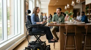 An illustration depicting the physical posture and ergonomic health benefits of seat elevation wheelchair technology.