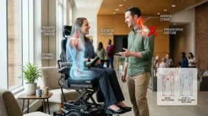 A professional using an elevated power wheelchair to reach high presentation boards and shelves in an office setting.