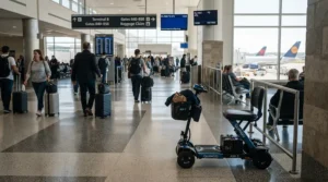 A lightweight portable mobility scooter near an airport check-in counter for easy traveling.