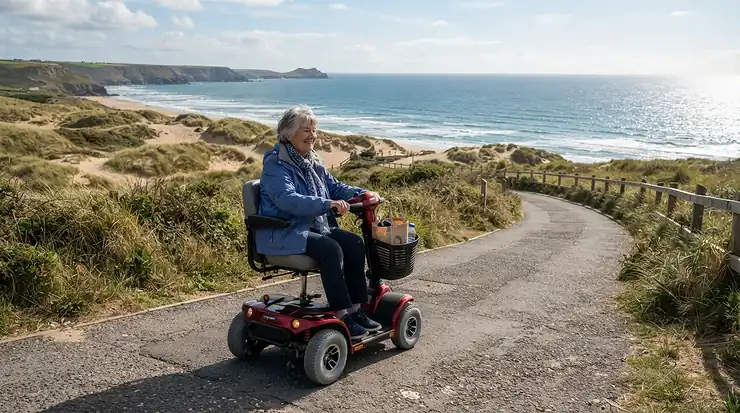 An all-terrain 4-wheel mobility scooter cruising near coastal dunes and a wooden beach path.
