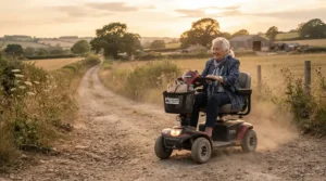 An all-terrain 4-wheel mobility scooter handling packed dirt and farm roads in the countryside.