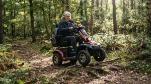 An all-terrain 4-wheel mobility scooter with high ground clearance passing over small tree roots in a forest.