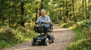 An all-terrain 4-wheel mobility scooter being driven by an older adult on a sunny outdoor hiking trail.