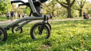 An all-terrain 4-wheel mobility scooter featuring large pneumatic tires driving across a grassy park.
