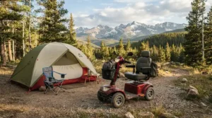 An all-terrain 4-wheel mobility scooter equipped with rugged tires parked at a scenic mountain campsite.