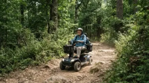 An all-terrain 4-wheel mobility scooter designed for uneven ground and outdoor adventures.