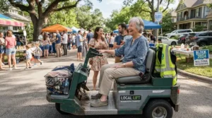 A neighbor attending an outdoor community event with a bariatric mobility scooter for plus-size riders.