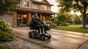 A homeowner arriving home on a reliable bariatric mobility scooter for plus-size riders at sunset.