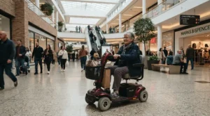A shopper browsing storefronts while riding a comfortable bariatric mobility scooter for plus-size riders.