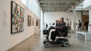 A visitor exploring art exhibits using a bariatric mobility scooter for plus-size riders for independent travel.