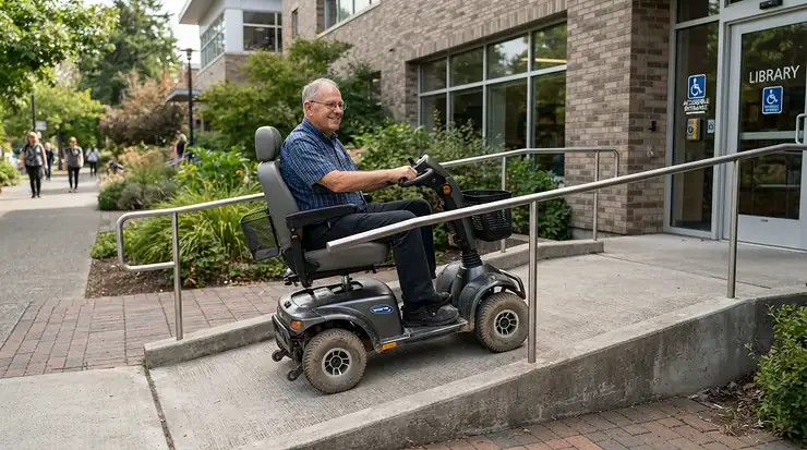 A user safely ascending an outdoor accessibility ramp on a bariatric mobility scooter for plus-size riders.