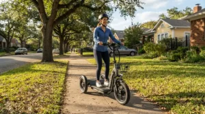 A traveler cruising down a suburban sidewalk on a sturdy bariatric mobility scooter for plus-size riders.