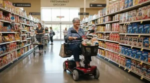 A plus-size shopper using a bariatric mobility scooter for plus-size riders to navigate supermarket aisles easily.
