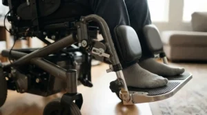 Close-up of elevated footrests on a bariatric power wheelchair 600 lb capacity
