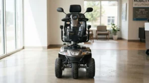 Front view of a bariatric power wheelchair 600 lb capacity with heavy-duty frame and wide seating
