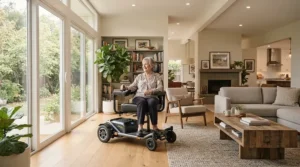 A comfortable bariatric power wheelchair 600 lb capacity positioned in a modern living room setting