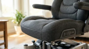 High-back cushioned seating on a bariatric power wheelchair 600 lb capacity for all-day comfort