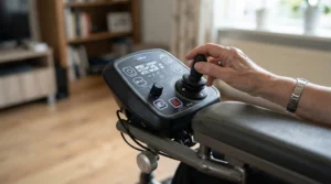 Close-up of the ergonomic joystick control on a bariatric power wheelchair 600 lb capacity
