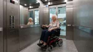 A senior entering an apartment building elevator safely in a nimble power wheelchair for seniors with limited mobility.