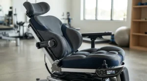 An ergonomic custom seating system installed on a modern electric wheelchair