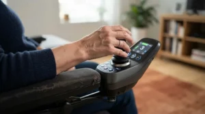 Close-up view of a customizable power wheelchair for MS patients showing the intuitive joystick control panel.