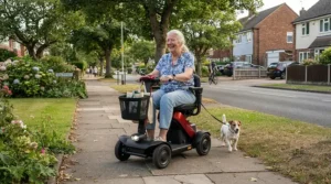 An entry-level portable mobility scooter being driven safely down a suburban sidewalk.