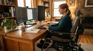 An ergonomic power wheelchair for MS patients positioned at a home office desk, supporting daily productivity.
