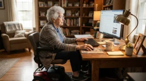 A senior working at a desk from an ergonomic power wheelchair for seniors with limited mobility in a home study.