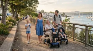 A family walking together in a neighborhood park alongside a relative in an electric wheelchair