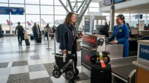 A passenger checking in a folding travel mobility scooter for airline travel at a busy airport counter.