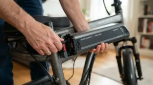 Removing the lithium-ion battery from a folding travel mobility scooter for airline travel.